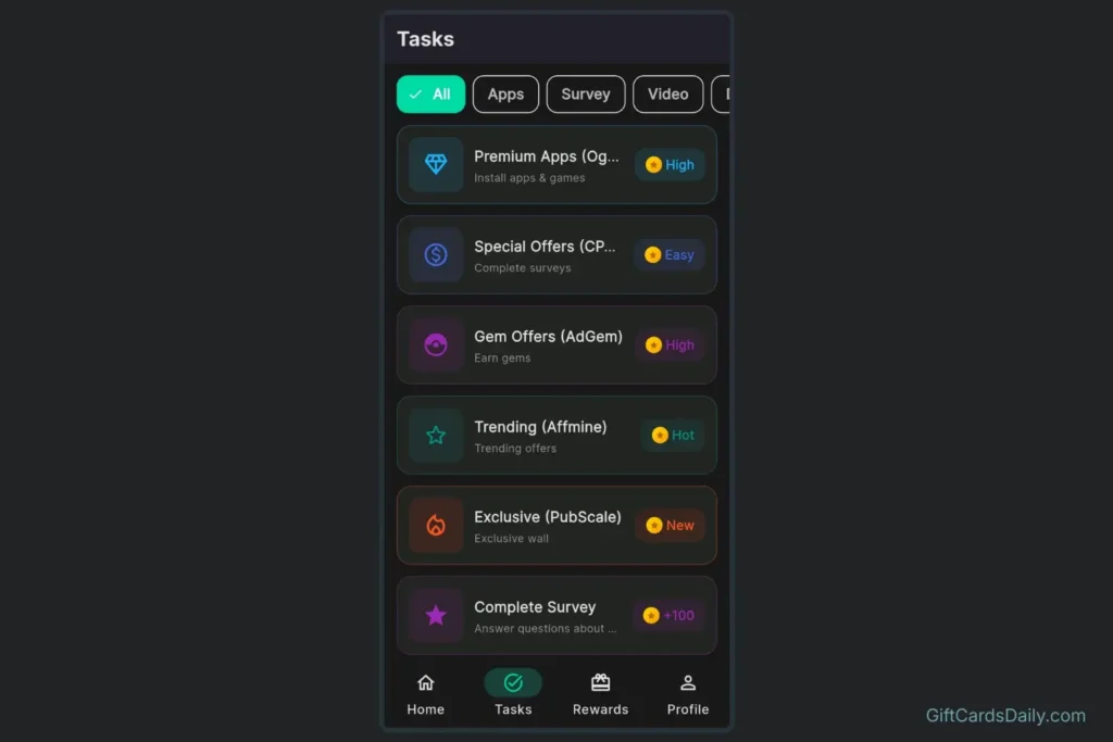 GiftCards Daily mobile app interface showing a list of gaming tasks and survey offers with point values.