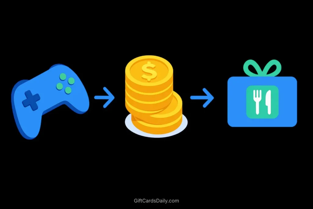 A three-step illustration showing a game controller, a coin stack, and a gift card, demonstrating how to earn free food rewards.