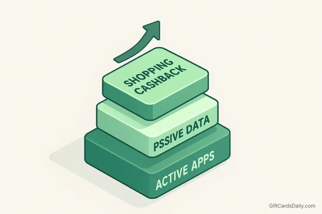 A diagram illustrating the stacking strategy: combining active apps, passive income, and cashback to maximize earnings.