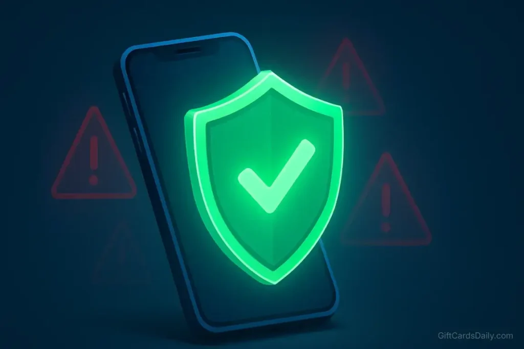 A secure smartphone protected by a digital shield, symbolizing legitimate and safe reward applications.