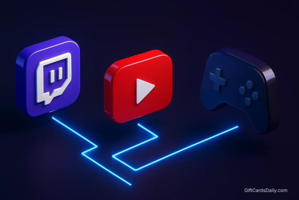 3D icons of Twitch and YouTube representing official channels for game code drops.