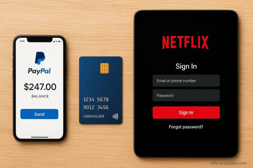 A visual setup showing how to use PayPal earnings on a smartphone to pay for a Netflix subscription on a tablet.