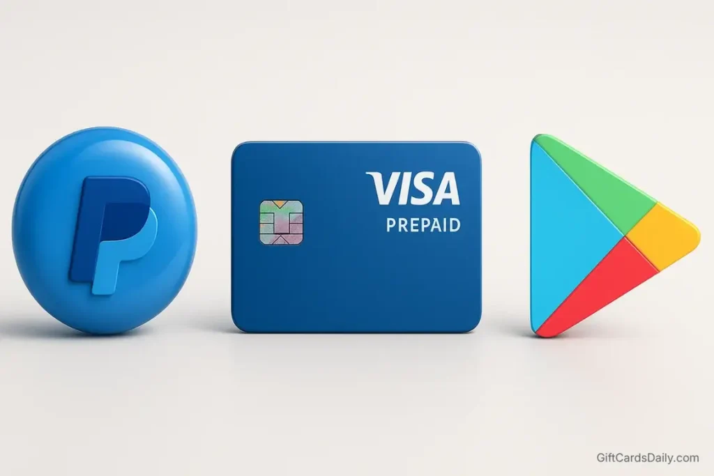 The logos of the top three reward payout methods: PayPal, Visa Prepaid, and Google Play arranged side-by-side.