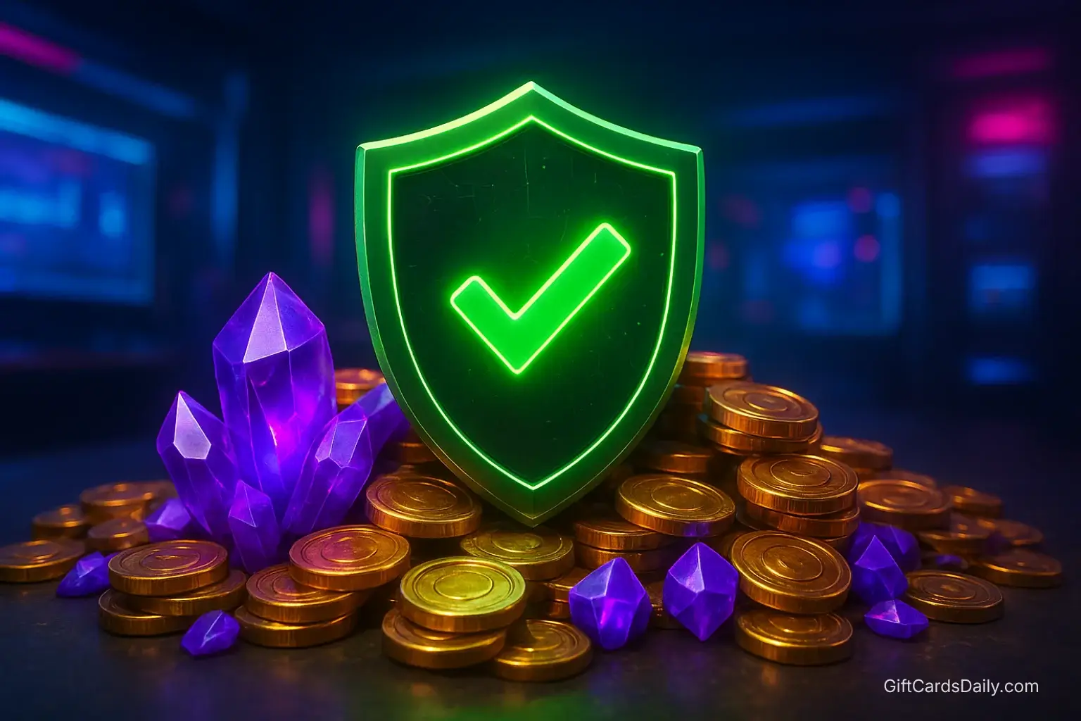 A 3D illustration showing gaming currencies protected by a green security shield, representing safe ways to earn codes.