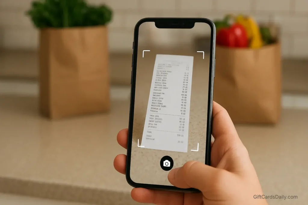 A first-person view of a person using a smartphone camera to scan a long grocery store receipt.