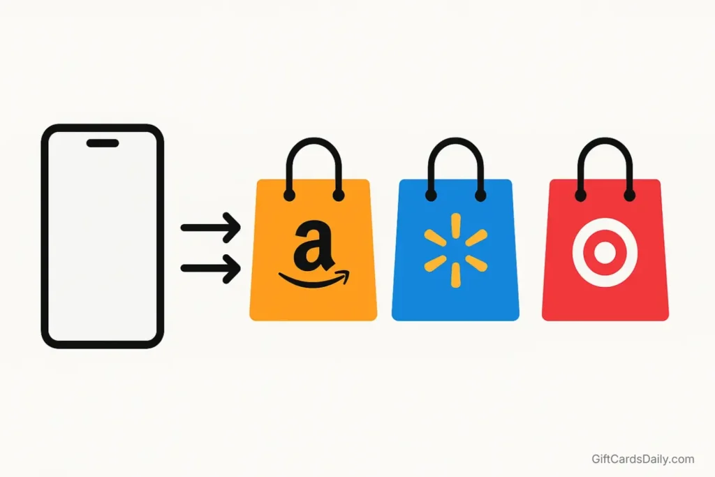 An illustration comparing shopping bags from Amazon, Walmart, and Target to help users decide which card to earn.