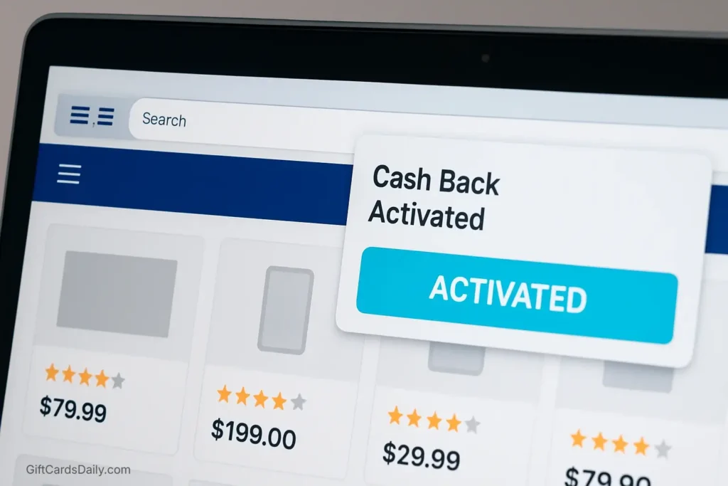 Laptop screen showing an online shopping cart with a Swagbucks cashback notification popup.