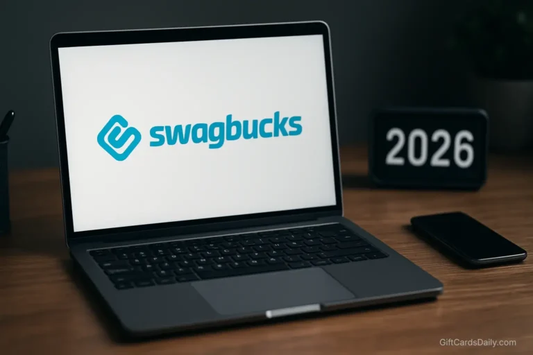 Laptop displaying the Swagbucks logo on a modern desk with a calendar indicating 2026.