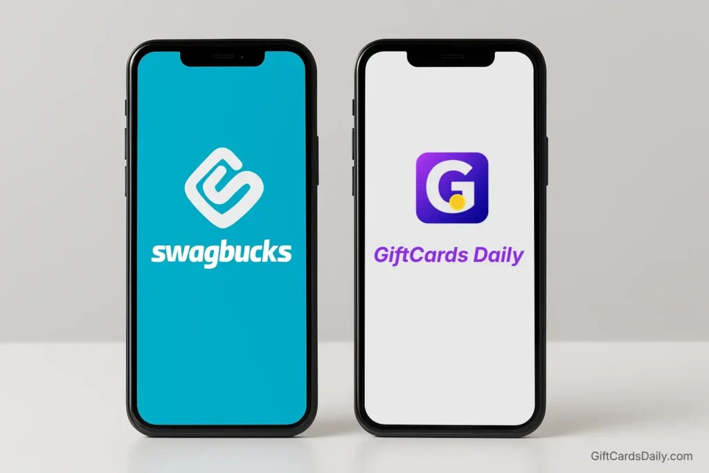 Two smartphones side-by-side; one showing Swagbucks (Cyan) and one showing GiftCards Daily (Green).