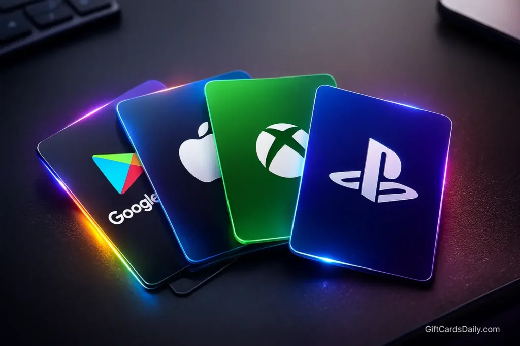 A stack of Google Play, Apple, and console gift cards representing universal gaming rewards.